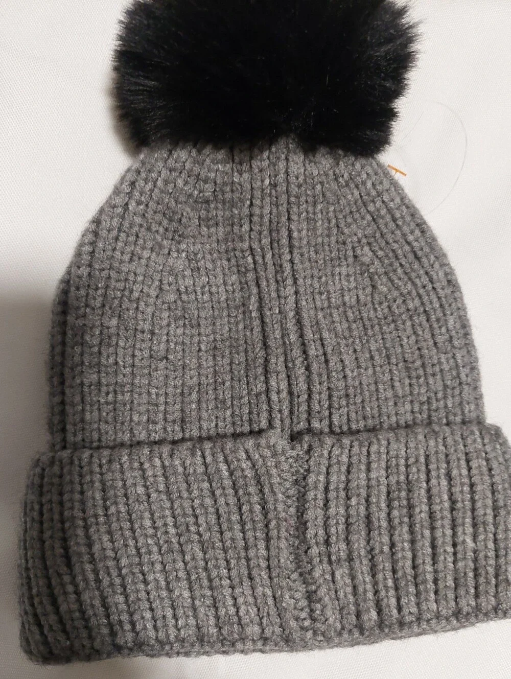 Gray Ribbed Knit Beanie with Black Faux Fur Pom - Picture 2 of 3